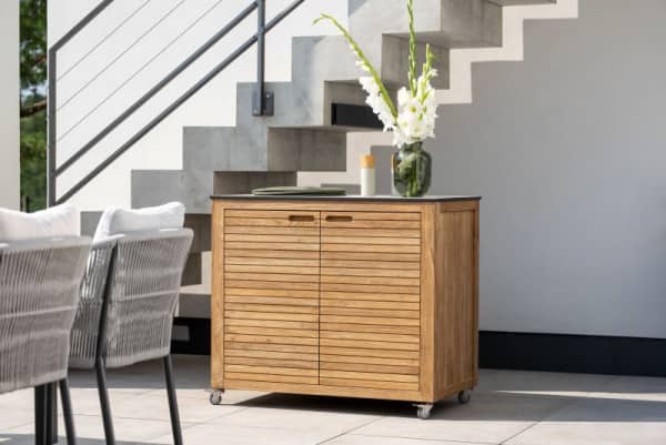 Teakholz Sideboard Elma 2 Türen inkl. Arbeitsplatte Silverstar Quartz